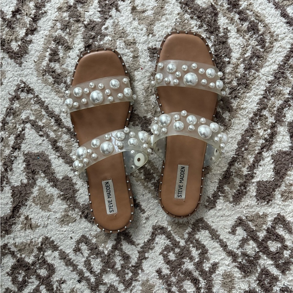 Steve Madden Tan Pearl Embellished Sandals